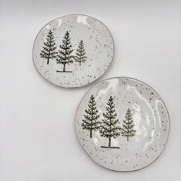 Speckled Dessert Salad Plate Set of 2 White Gold Trees Accent Dishes - Picture 2 of 3
